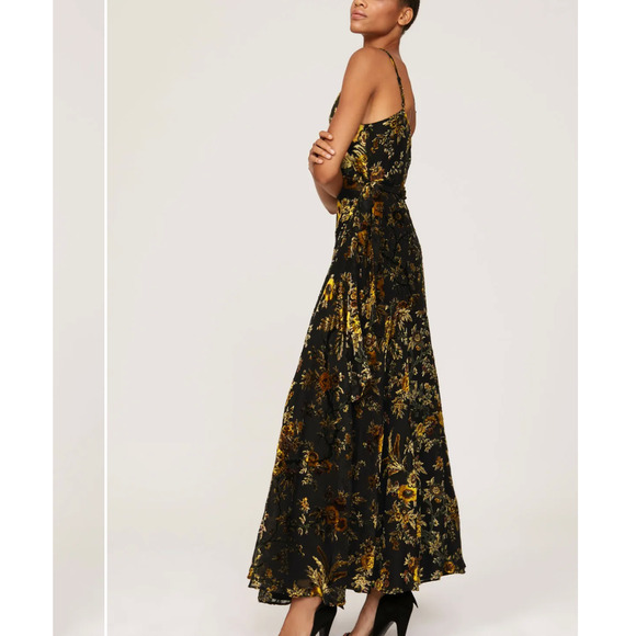 Hutch Black Burnout Velvet Slip Maxi Dress MEDIUM Floral Wrap Gown Designer $319 - Picture 2 of 11